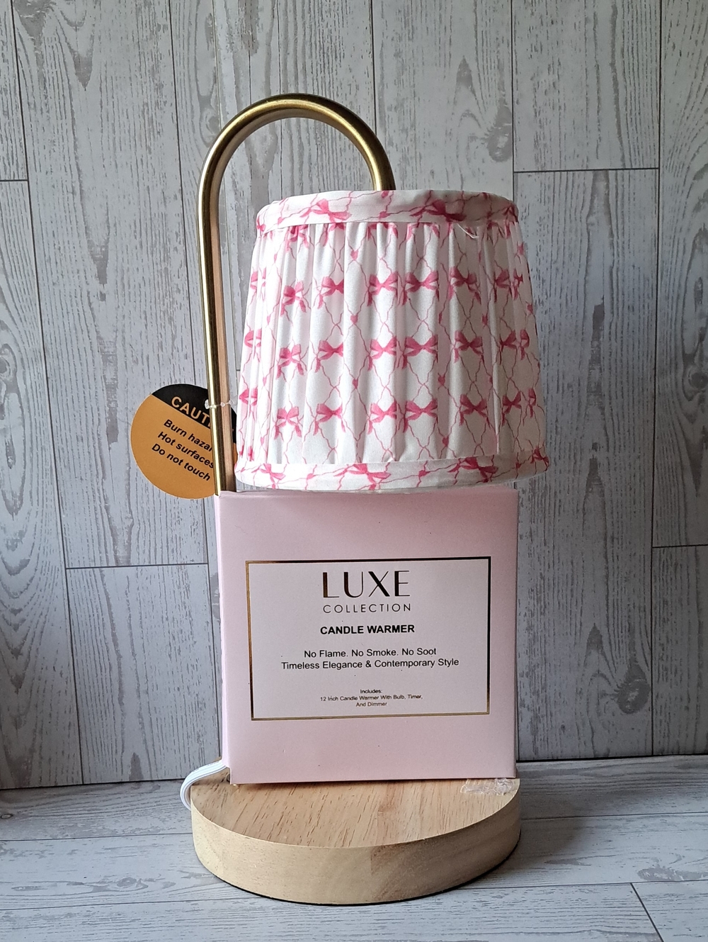 Flameless Candle Warmer With Pink Bow Print Fabric Shade Electric Dimmer Timer